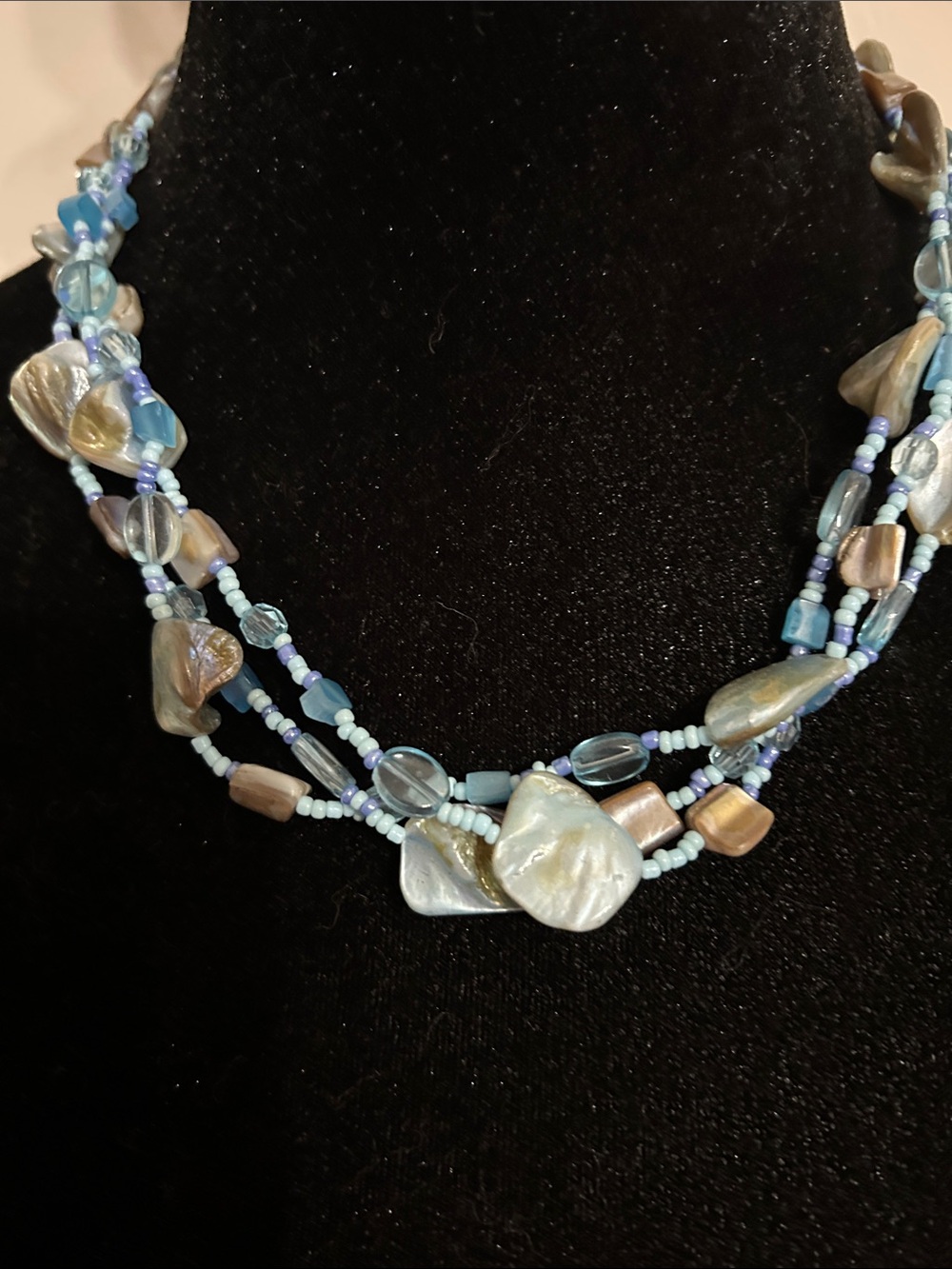 Triple-Strand Blue Shell and Glass Bead Necklace 21 Inch Adjustable - Picture 2 of 3
